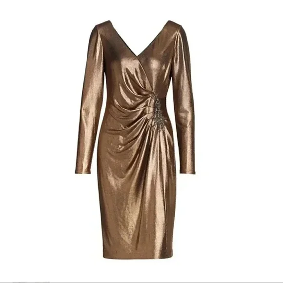 NWT Marchesa Notte Metallic V-Neck Foiled Lamé Side Pleats Dress Size 4 - Picture 2 of 10